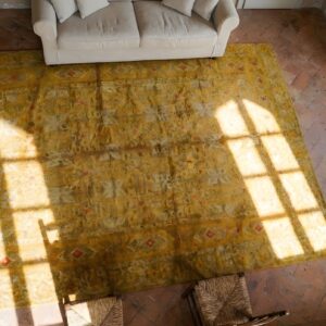 Yellow Antique Spanish Carpet Allover Geometric Knotted Rug (SKU 24793) - styled overhead view