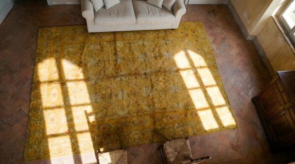 Yellow antique spanish carpet allover geometric knotted rug 2 Yellow antique spanish carpet allover geometric knotted rug (sku 24793) - styled overhead view