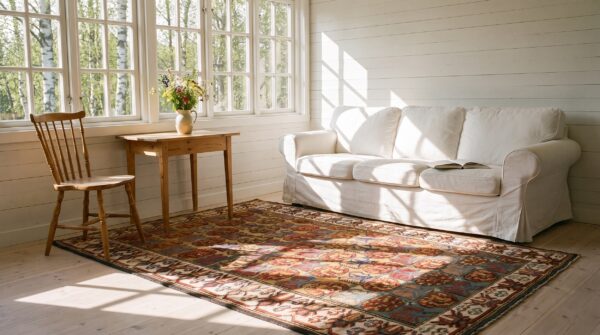 Yellow tribal floral pattern antique small size caucasian kuba rug 7 Yellow tribal floral pattern antique small size caucasian kuba rug (sku 21870) - room view
