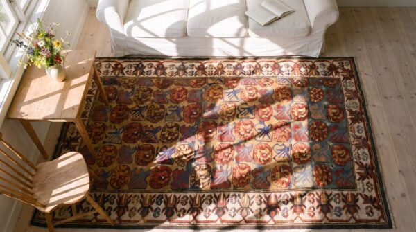 Yellow tribal floral pattern antique small size caucasian kuba rug 2 Yellow tribal floral pattern antique small size caucasian kuba rug (sku 21870) - styled overhead view
