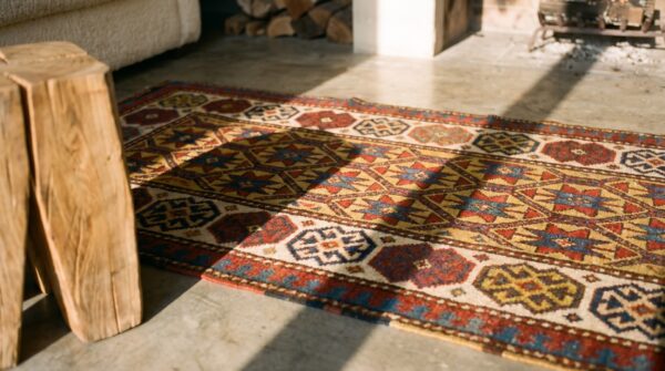 Antique yellow tribal geometric caucasian kazak hallway runner rug 11 Antique yellow tribal geometric caucasian kazak hallway runner rug (sku 18768) - in-room detail