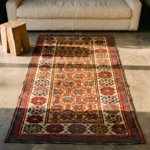Antique Yellow Tribal Geometric Caucasian Kazak Hallway Runner Rug (SKU 18768) - styled overhead view