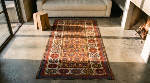 Antique yellow tribal geometric caucasian kazak hallway runner rug 2 Antique yellow tribal geometric caucasian kazak hallway runner rug (sku 18768) - styled overhead view