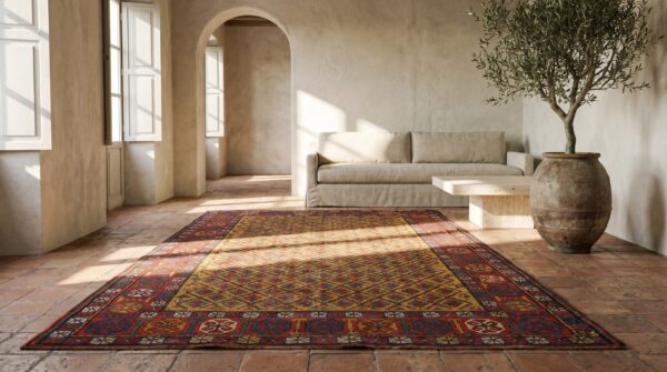 Yellow antique tribal geometric caucasian shirvan area rug (sku 18538) - room view