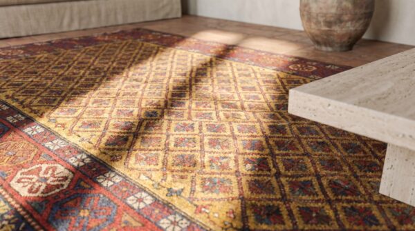 Yellow antique tribal geometric caucasian shirvan area rug (sku 18538) - in-room detail