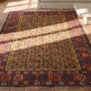 Yellow Antique Tribal Geometric Caucasian Shirvan Area Rug (SKU 18538) - styled overhead view