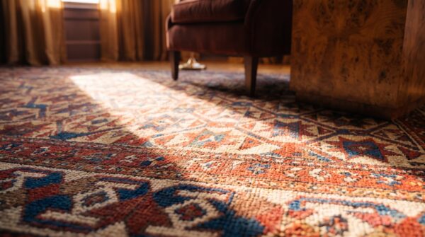 Yellow antique tribal geometric caucasian star design kazak hallway runner rug 8 Yellow antique tribal geometric caucasian star design kazak hallway runner rug (sku 21645) - in-room detail