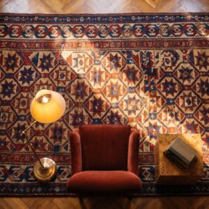 Yellow Antique Tribal Geometric Caucasian Star Design Kazak Hallway Runner Rug (SKU 21645) - styled overhead view