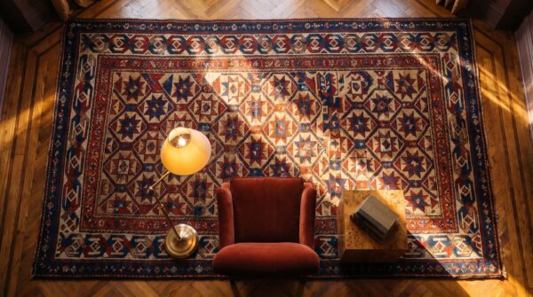 Yellow antique tribal geometric caucasian star design kazak hallway runner rug 2 Yellow antique tribal geometric caucasian star design kazak hallway runner rug (sku 21645) - styled overhead view