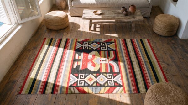 Antique zapotec mexico knotted rug 2 Antique zapotec mexico knotted rug (sku 20905) - styled overhead view