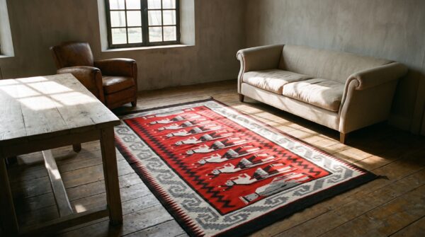 Antique zapotec small scatter size wool red rug (sku 21456) - room view