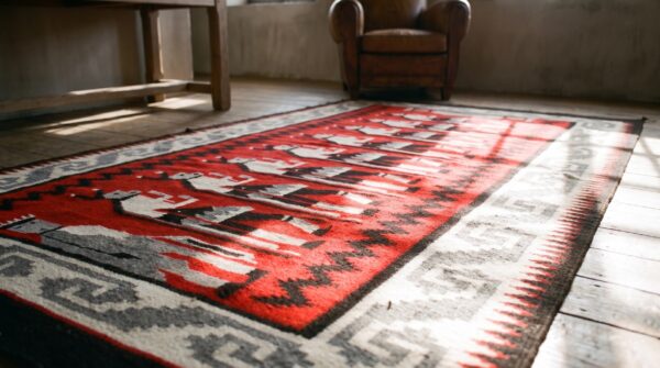 Antique zapotec small scatter size wool red rug (sku 21456) - in-room detail