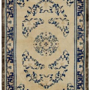 1700s Beige Field Medallion Qing Style Antique Chinese Ningxia Small Rug