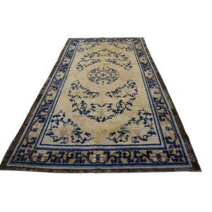 1700s Beige Field Medallion Qing Style Antique Chinese Ningxia Small Rug - detail view 1