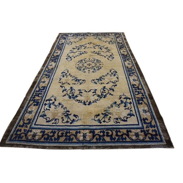 1700s beige field medallion qing style antique chinese ningxia small rug 2 1700s beige field medallion qing style antique chinese ningxia small rug - detail view 1