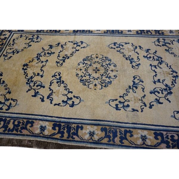 1700s beige field medallion qing style antique chinese ningxia small rug 4 1700s beige field medallion qing style antique chinese ningxia small rug - detail view 3