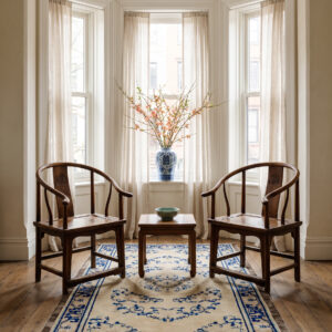 1700s Antique Chinese Ningxia Rug 5'3 x 8'6 in a Brooklyn Heights bay window, styled visualization