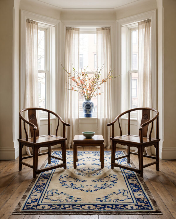1700s beige field medallion qing style antique chinese ningxia small rug 3 1700s antique chinese ningxia rug 5'3 x 8'6 in a brooklyn heights bay window, styled visualization