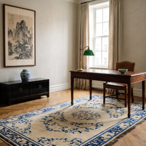 1700s Antique Chinese Ningxia Rug 5'3 x 8'6 in an Upper East Side writing room, styled visualization