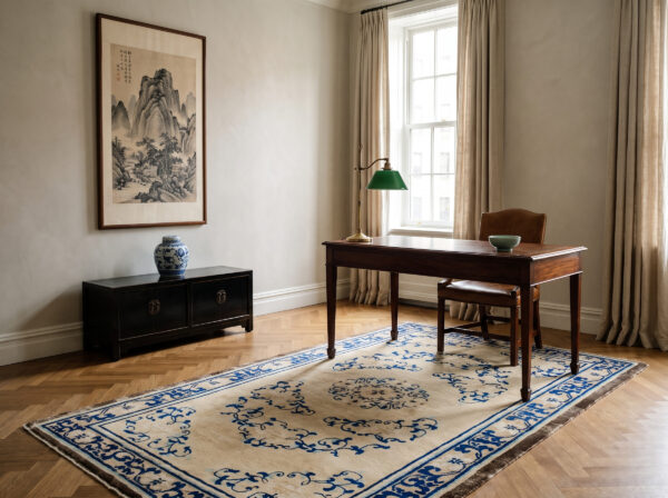 1700s beige field medallion qing style antique chinese ningxia small rug 2 1700s antique chinese ningxia rug 5'3 x 8'6 in an upper east side writing room, styled visualization