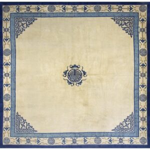 1880s Beige Field Shou Symbols Medallion Antique Chinese Peking Square Rug