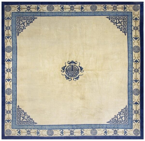 1880s beige field shou symbols medallion antique chinese peking square rug 1 1880s beige field shou symbols medallion antique chinese peking square rug