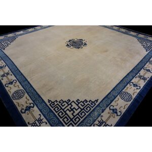1880s Beige Field Shou Symbols Medallion Antique Chinese Peking Square Rug - detail view 1