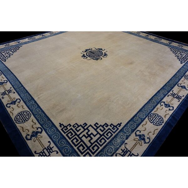 1880s beige field shou symbols medallion antique chinese peking square rug 2 1880s beige field shou symbols medallion antique chinese peking square rug - detail view 1