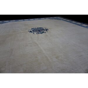 1880s Beige Field Shou Symbols Medallion Antique Chinese Peking Square Rug - detail view 2