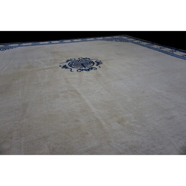 1880s beige field shou symbols medallion antique chinese peking square rug 3 1880s beige field shou symbols medallion antique chinese peking square rug - detail view 2