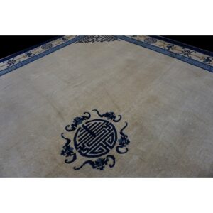 1880s Beige Field Shou Symbols Medallion Antique Chinese Peking Square Rug - detail view 7