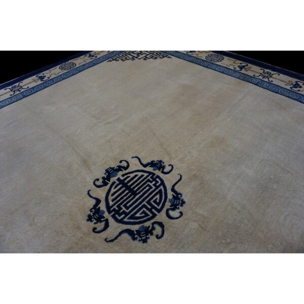 1880s beige field shou symbols medallion antique chinese peking square rug 8 1880s beige field shou symbols medallion antique chinese peking square rug - detail view 7