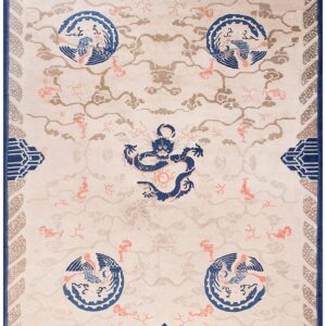 1880s Ivory Blue Coral Antique Traditional Chinese Peking Dragon Rug Wool Carpet