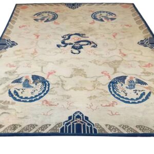 1880s Ivory Blue Coral Antique Traditional Chinese Peking Dragon Rug Wool Carpet - detail view 1