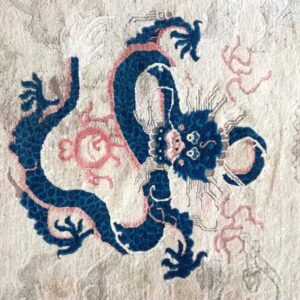 1880s Ivory Blue Coral Antique Traditional Chinese Peking Dragon Rug Wool Carpet - detail view 2