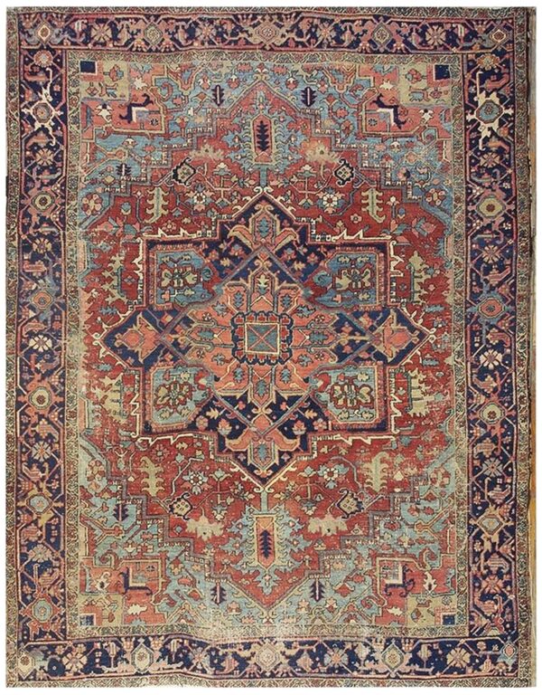 1890s red field medallion rustic antique heriz knotted wool rug