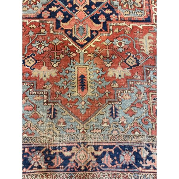 1890s red field medallion rustic antique heriz knotted wool rug - detail view 3