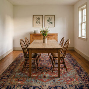 1890s Antique Heriz Rug 9'5 x 12'5 in a Hudson Valley farmhouse dining room, styled visualization