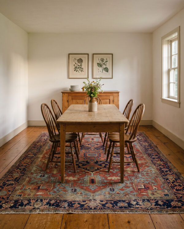 1890s red field medallion rustic antique heriz knotted wool rug 3 1890s antique heriz rug 9'5 x 12'5 in a hudson valley farmhouse dining room, styled visualization