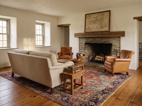 1890s red field medallion rustic antique heriz knotted wool rug 2 1890s antique heriz rug 9'5 x 12'5 in a hudson valley stone farmhouse living room, styled visualization
