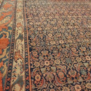 1900s Blue Navy Herati Floral Antique Persian Bijar Rug 12' 0'' X 18' 6'' Handknotted Wool Carpet - detail view 3