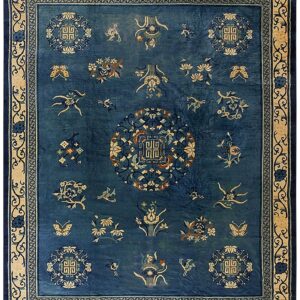 1920s Blue Field Floral Traditional Medallion Antique Chinese Peking Knotted Rug