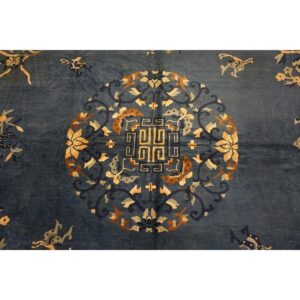1920s Blue Field Floral Traditional Medallion Antique Chinese Peking Knotted Rug - detail view 1