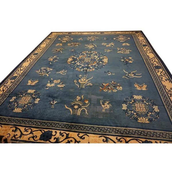 1920s blue field floral traditional medallion antique chinese peking knotted rug 3 1920s blue field floral traditional medallion antique chinese peking knotted rug - detail view 2