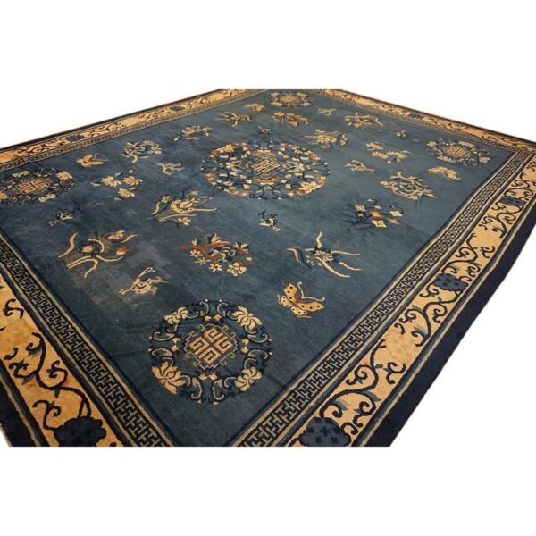 1920s blue field floral traditional medallion antique chinese peking knotted rug 4 1920s blue field floral traditional medallion antique chinese peking knotted rug - detail view 3