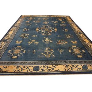 1920s Blue Field Floral Traditional Medallion Antique Chinese Peking Knotted Rug - detail view 6