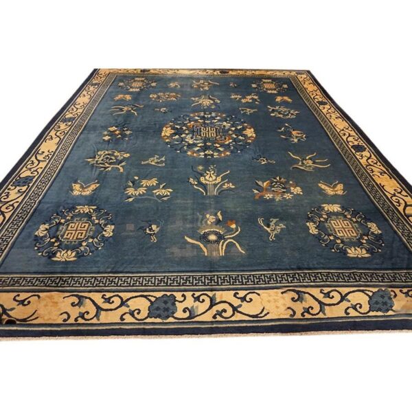 1920s blue field floral traditional medallion antique chinese peking knotted rug 7 1920s blue field floral traditional medallion antique chinese peking knotted rug - detail view 6