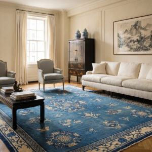 1920s Antique Chinese Peking Rug 11'10 x 14'6 in a Fifth Avenue apartment living room, styled visualization