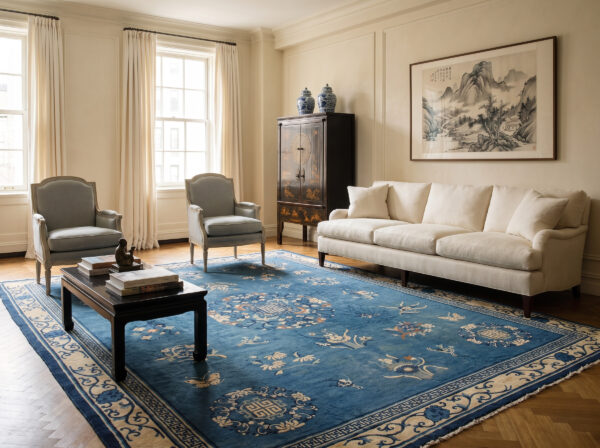 1920s blue field floral traditional medallion antique chinese peking knotted rug 2 1920s antique chinese peking rug 11'10 x 14'6 in a fifth avenue apartment living room, styled visualization