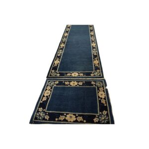 1920s Navy Blue Solid Minimalist Deco Antique Chinese Peking Runner Rug - detail view 3
